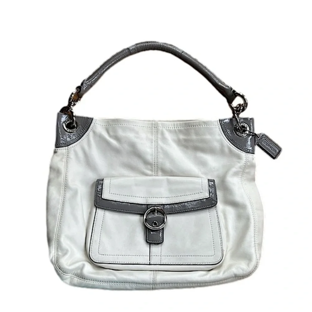 Coach Vintage Y2K City Zip Top Hobo Shoulder Bag Off white grey patent leather